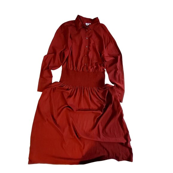 Future Collective Womens Red Long Sleeve Button-Up Smocked Waist Midi Dress M - Picture 1 of 10